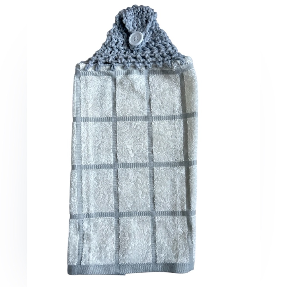 Hand Crafted Gray and White Hanging Hand Towel Crochet Top Kitchen or Bathroom